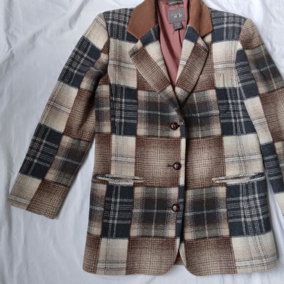 Vintage New York Style Wool Blend Patchwork Plaid Blazer Jacket Womens Small - Picture 4 of 12